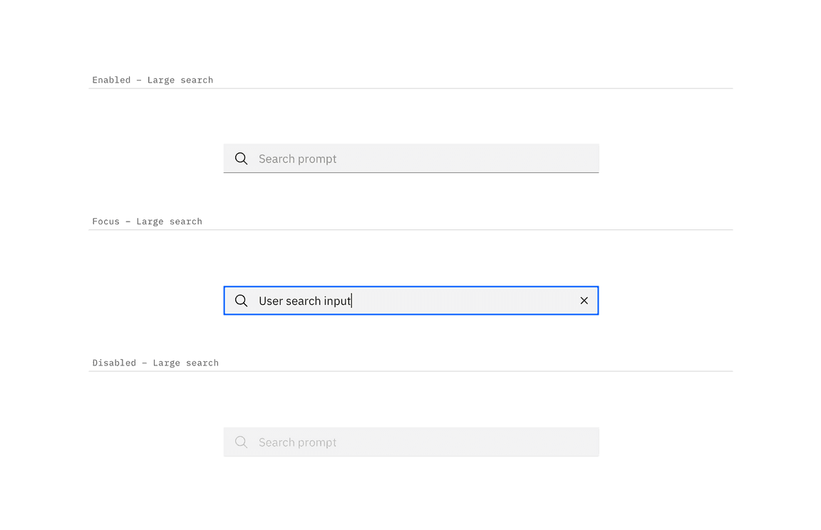 Enabled, focus, and disabled search states