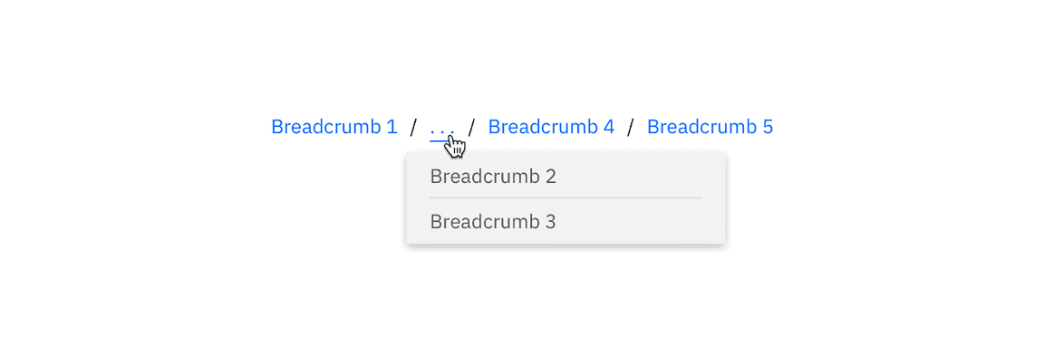 Example of a truncated Breadcrumb utilizing an ellipse with an Overflow Menu.